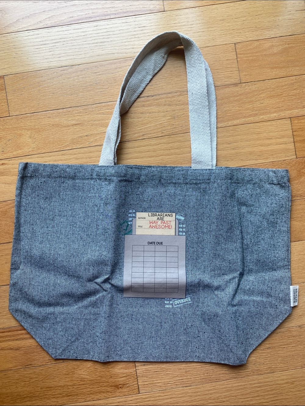 Gray Canvas Tote Bag with Library Card Graphic Librarian